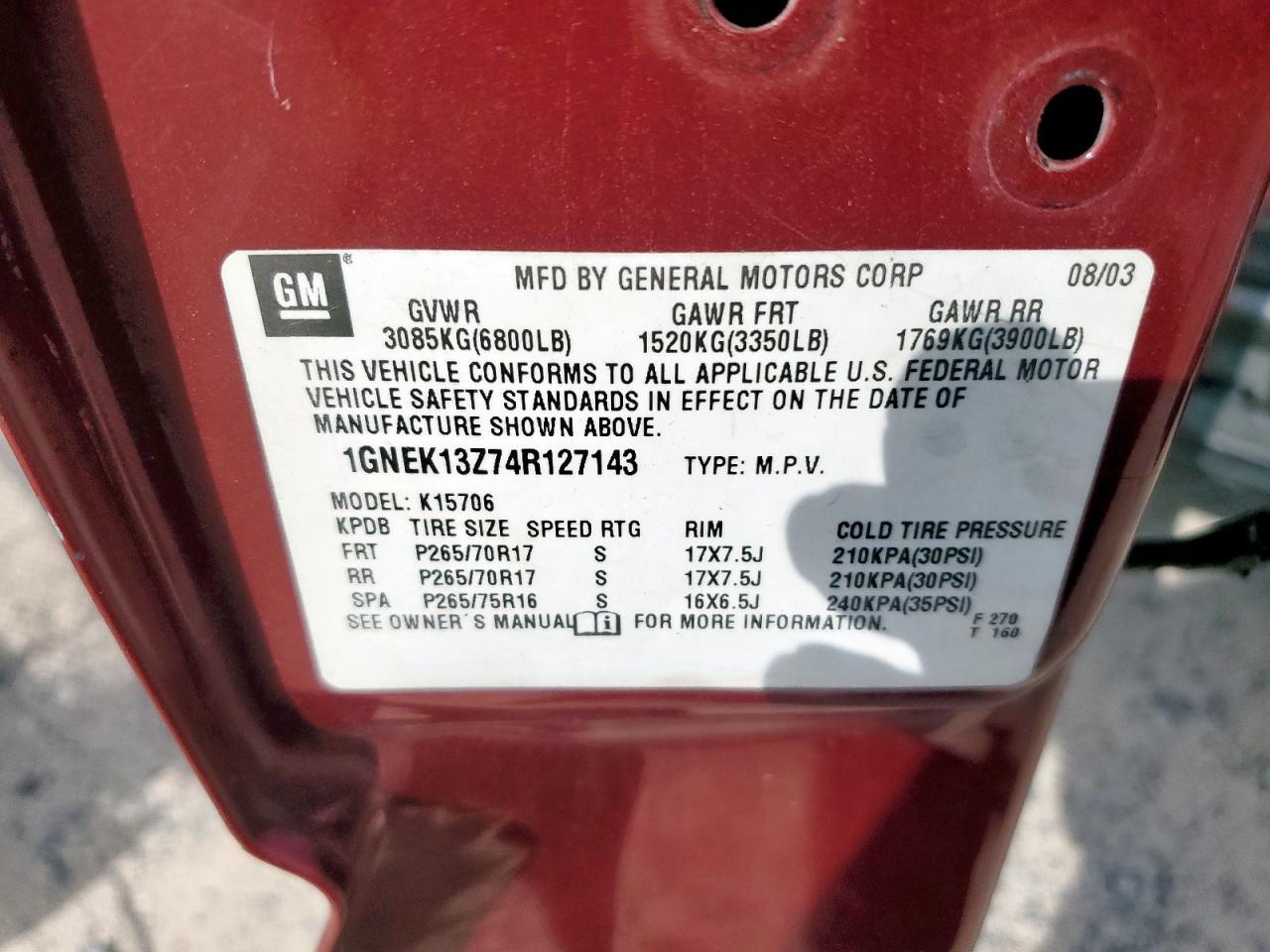 2004 Chevrolet Tahoe K1500 VIN: 1GNEK13Z74R127143 Lot: 92626555