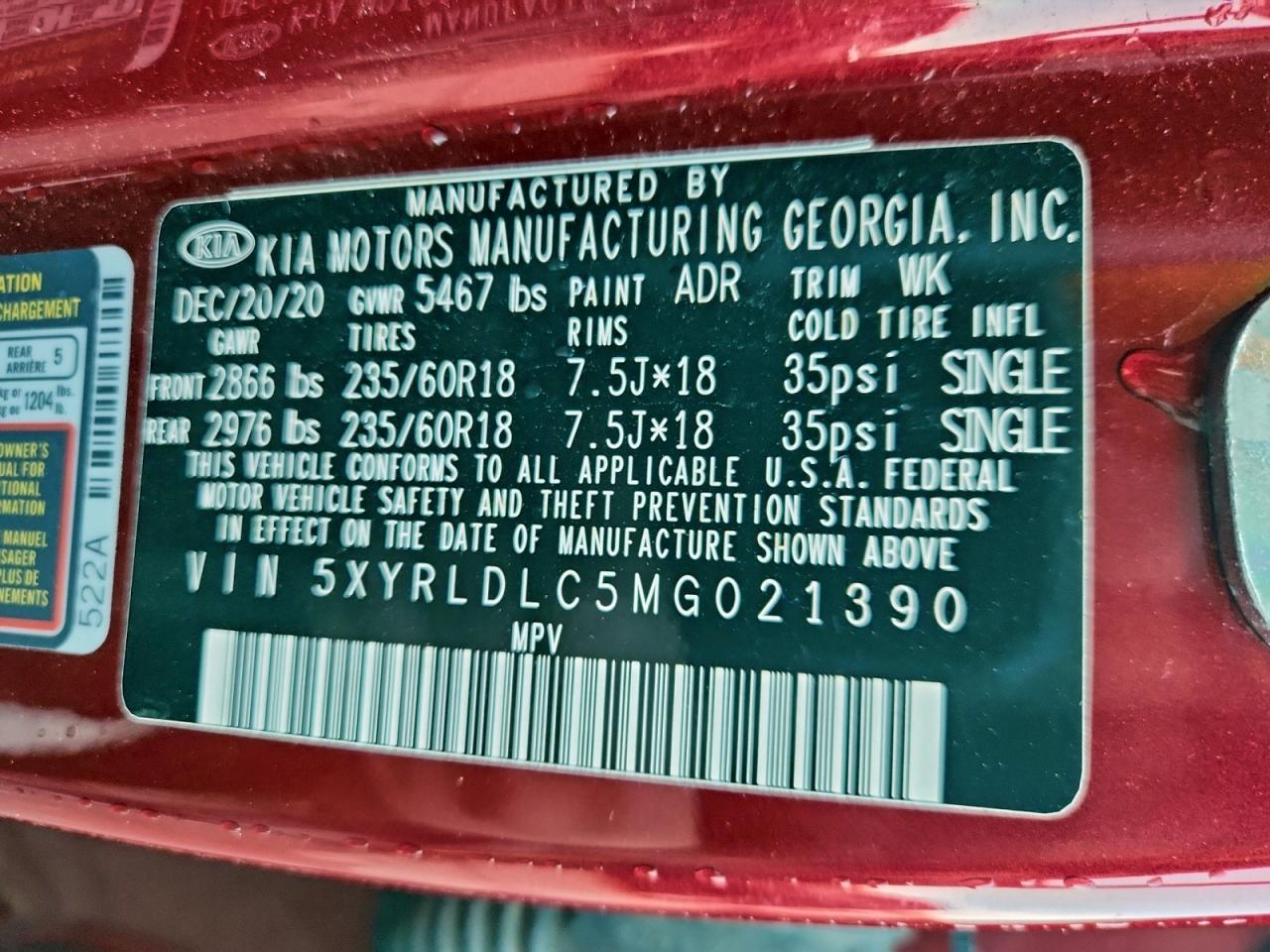 2021 Kia Sorento S VIN: 5XYRLDLC5MG021390 Lot: 94501555