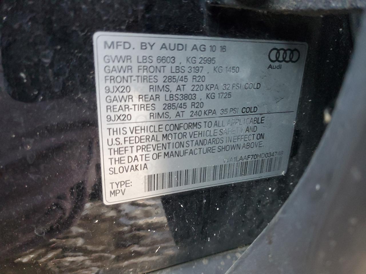 2017 Audi Q7 Premium Plus VIN: WA1LAAF70HD034748 Lot: 91917945