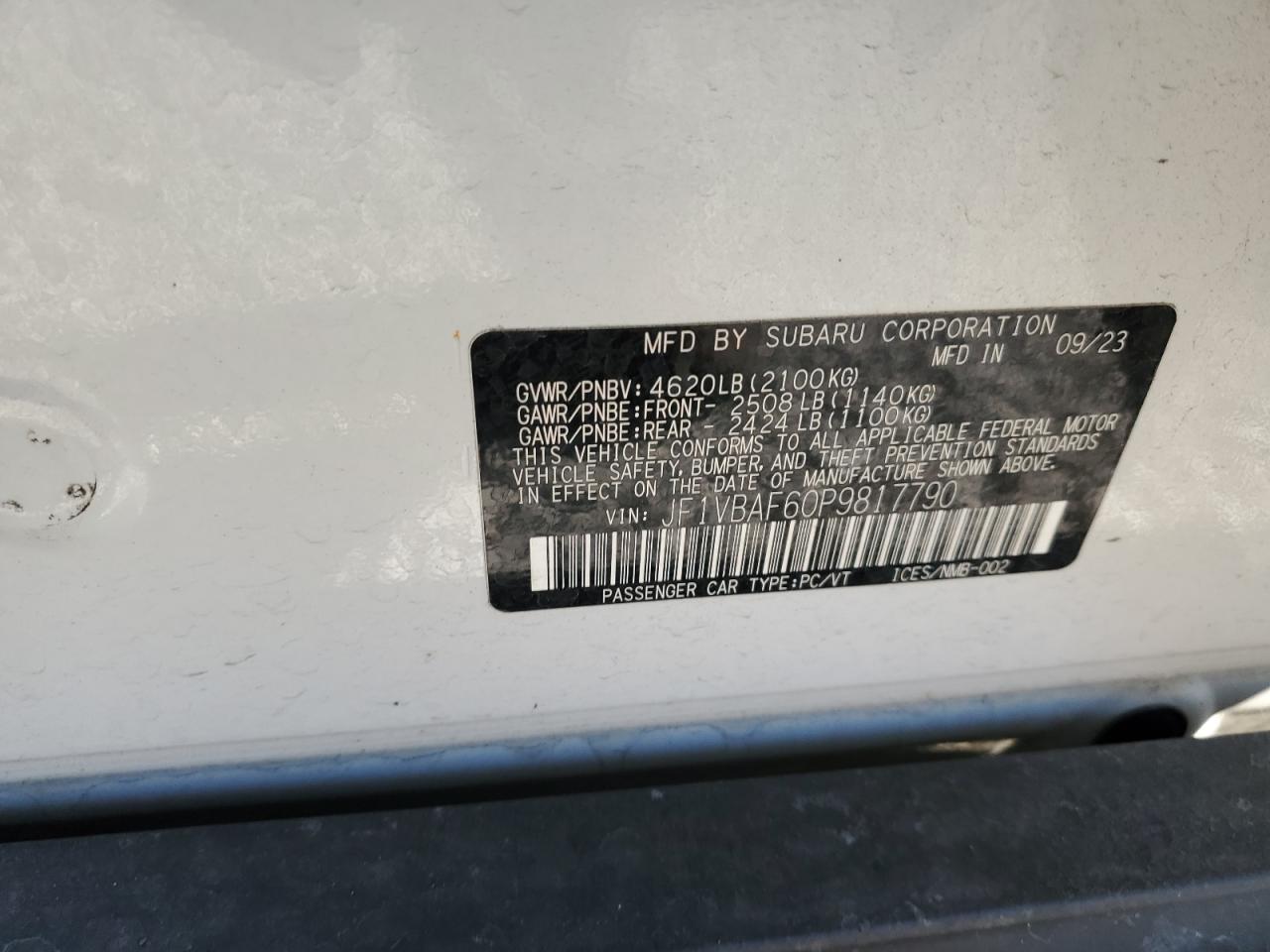 2023 Subaru Wrx Premium VIN: JF1VBAF60P9817790 Lot: 92623385