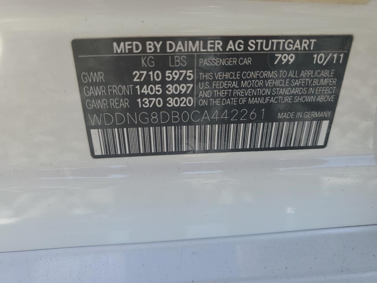 2012 Mercedes-Benz S 350 Bluetec VIN: WDDNG8DB0CA442261 Lot: 92601965