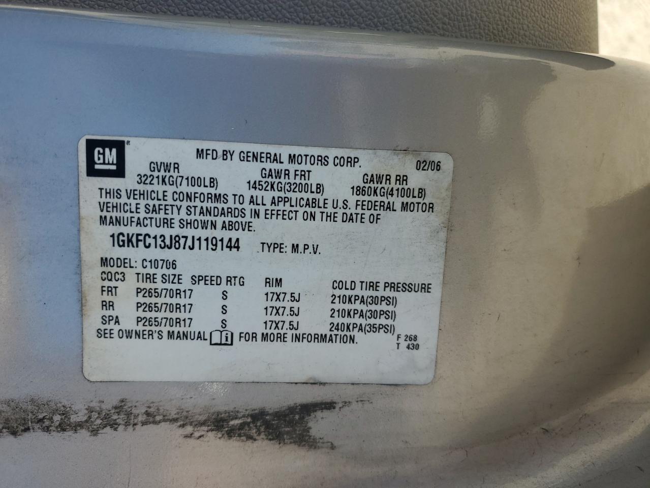 2007 GMC Yukon VIN: 1GKFC13J87J119144 Lot: 91272295