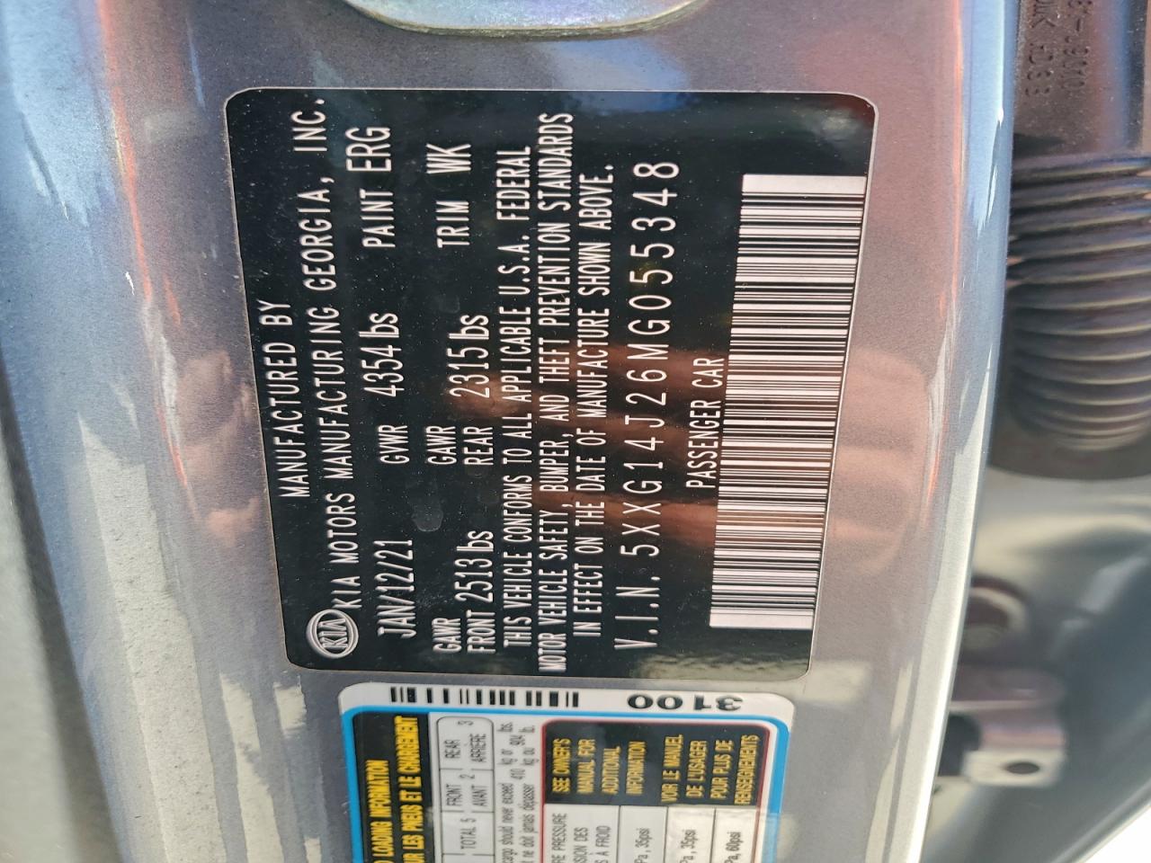 2021 Kia K5 Lxs VIN: 5XXG14J26MG055348 Lot: 92004035