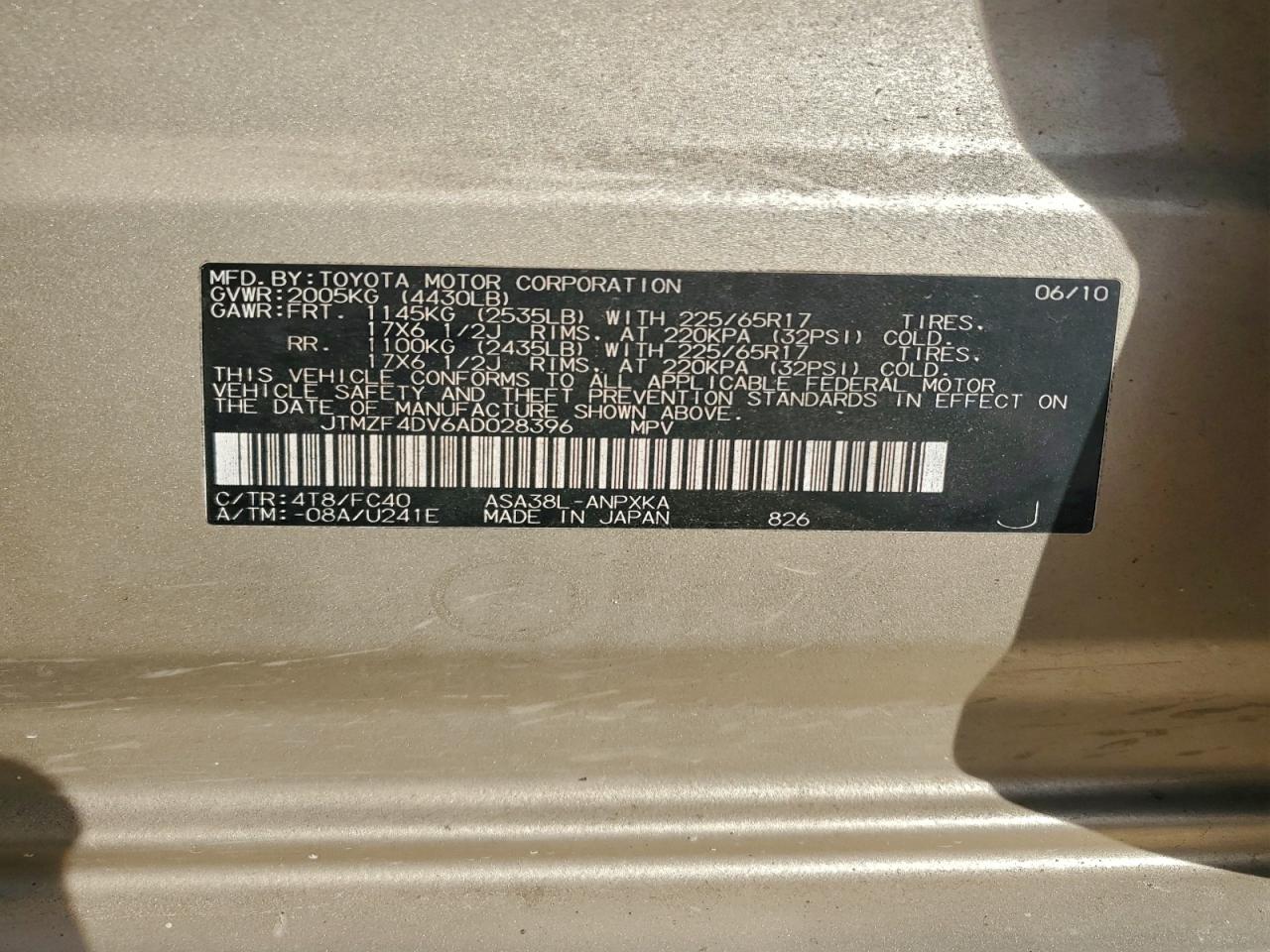 2010 Toyota Rav4 VIN: JTMZF4DV6AD028396 Lot: 93473105