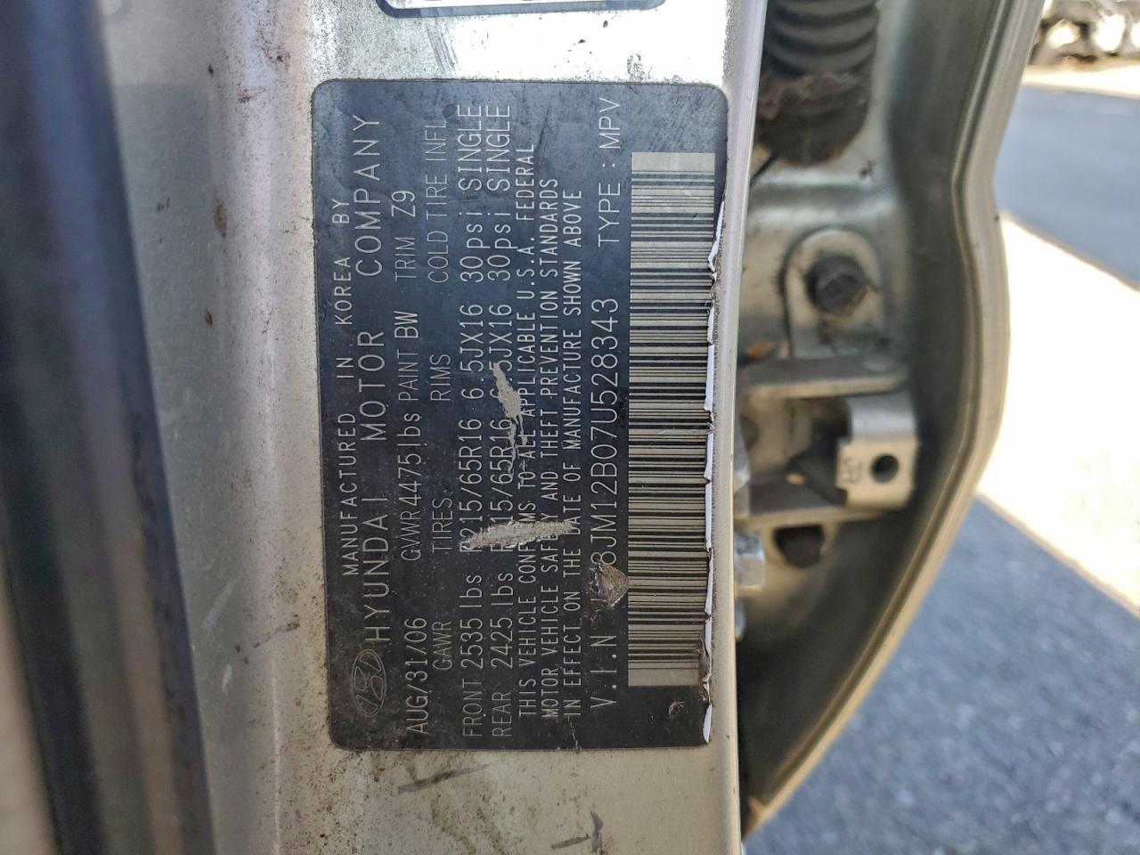 2007 Hyundai Tucson Gls VIN: KM8JM12B07U528343 Lot: 94062565