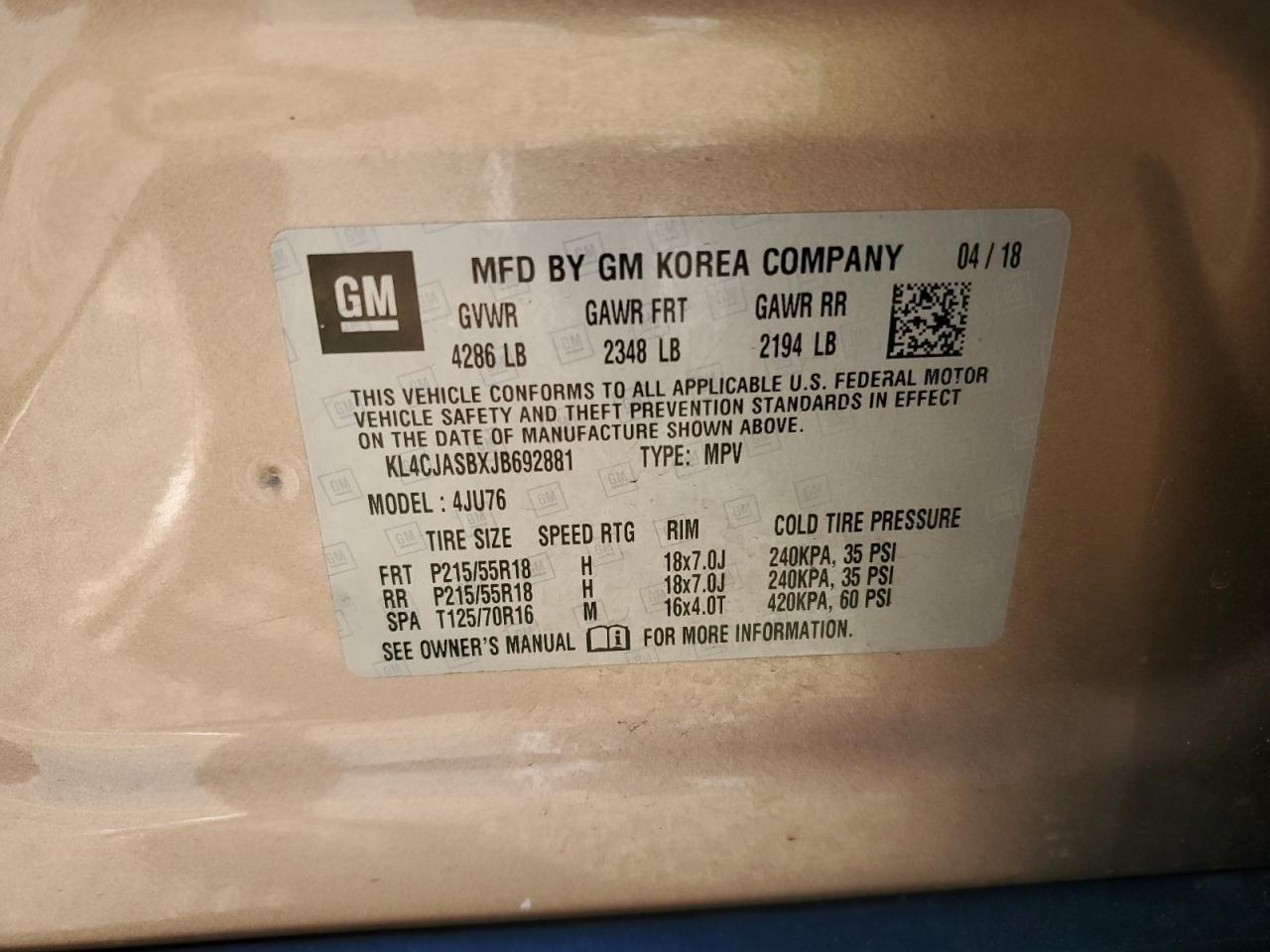 2018 Buick Encore Preferred VIN: KL4CJASBXJB692881 Lot: 93710205