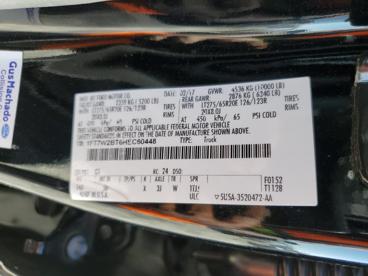 2017 Ford F250 Super Duty VIN: 1FT7W2BT6HEC60448 Lot: 91086945