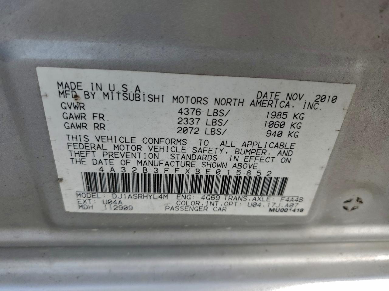 2011 Mitsubishi Galant Es VIN: 4A32B3FFXBE015852 Lot: 93675995