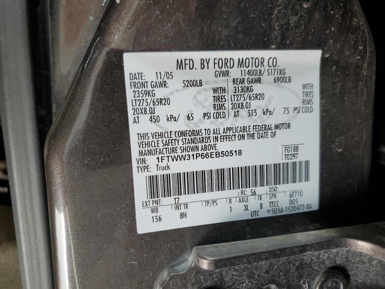 2006 Ford F350 Srw Super Duty VIN: 1FTWW31P66EB50518 Lot: 91663825