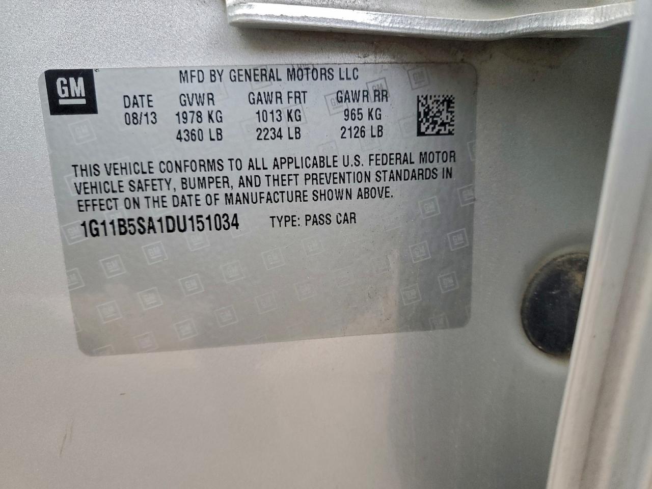 2013 Chevrolet Malibu Ls VIN: 1G11B5SA1DU151034 Lot: 93604975