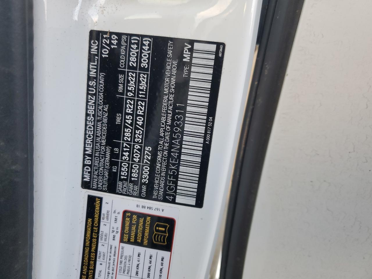 2022 Mercedes-Benz Gls 450 4Matic VIN: 4JGFF5KE4NA593311 Lot: 93927215