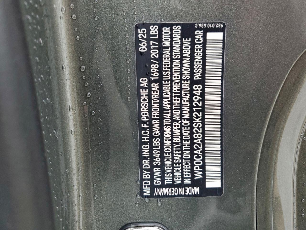 2025 Porsche Boxster Base VIN: WP0CA2A82SK212948 Lot: 93823905