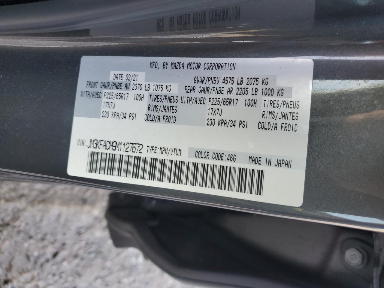 2021 Mazda Cx-5 Touring VIN: JM3KFACM9M1127672 Lot: 91319655