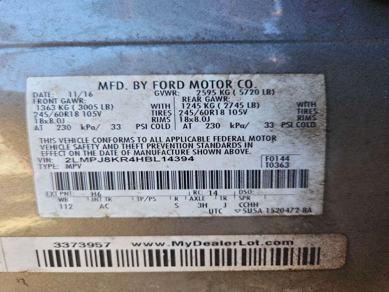 2017 Lincoln Mkx Select VIN: 2LMPJ8KR4HBL14394 Lot: 93968765