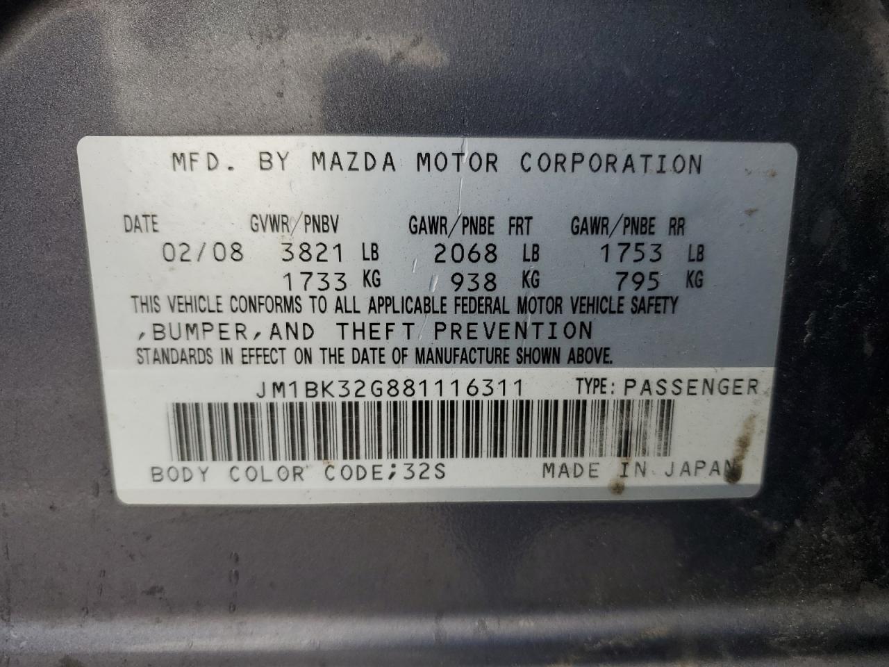 2008 Mazda 3 I VIN: JM1BK32G881116311 Lot: 92942495