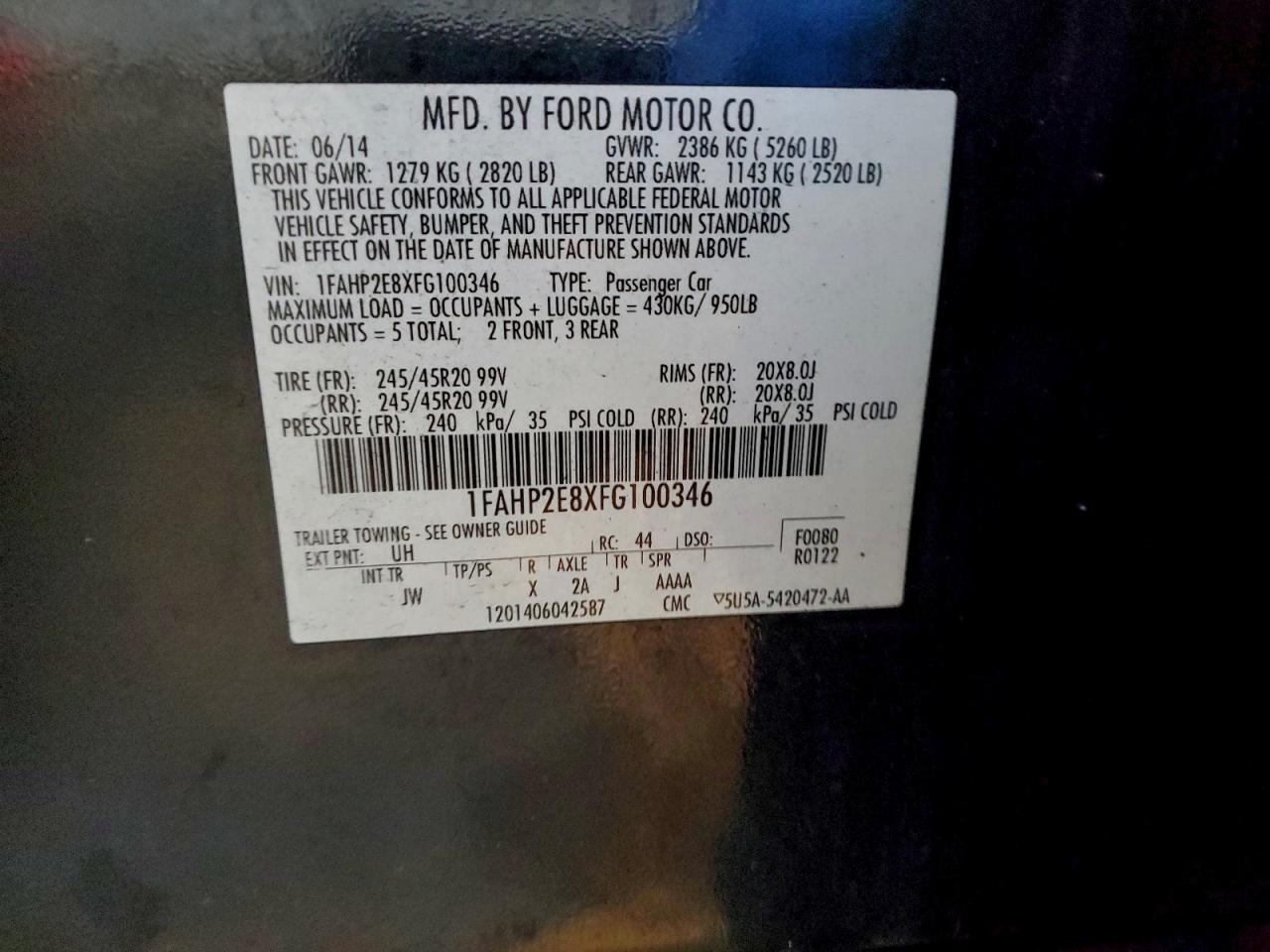 2015 Ford Taurus Sel VIN: 1FAHP2E8XFG100346 Lot: 93255635