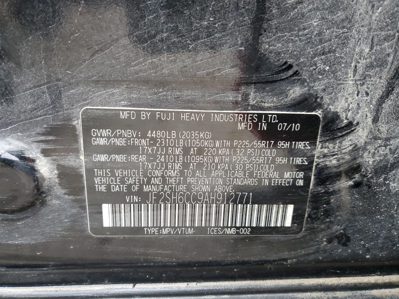 2010 Subaru Forester 2.5X Premium VIN: JF2SH6CC9AH912771 Lot: 92597375