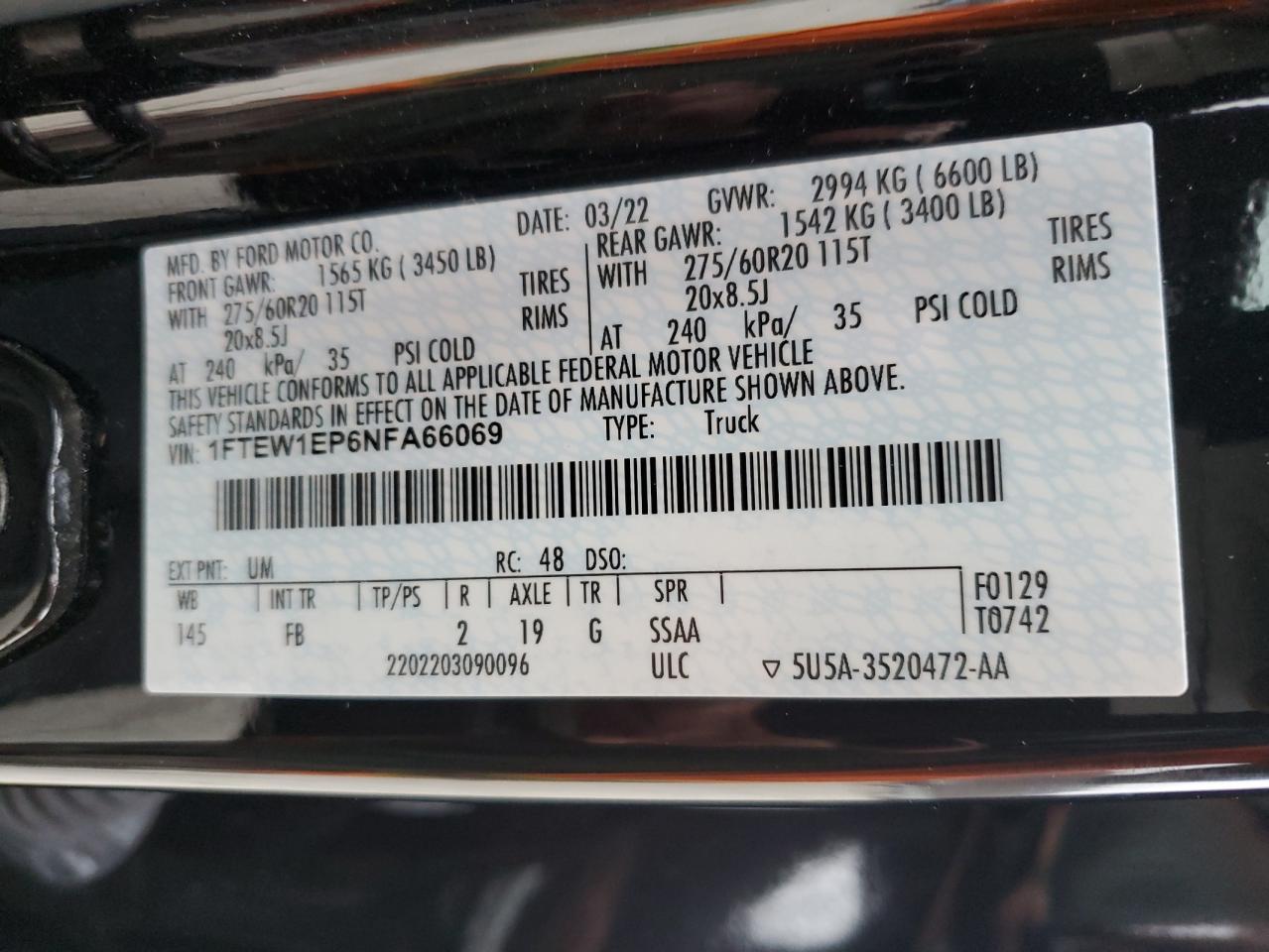 2022 Ford F150 Supercrew VIN: 1FTEW1EP6NFA66069 Lot: 93637605