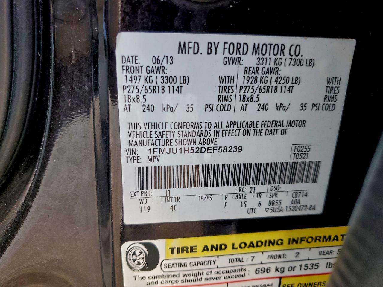 2013 Ford Expedition Xlt VIN: 1FMJU1H52DEF58239 Lot: 93995935