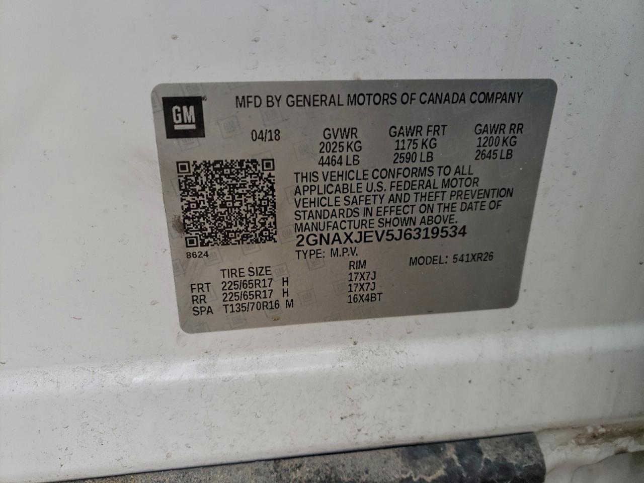 2018 Chevrolet Equinox Lt VIN: 2GNAXJEV5J6319534 Lot: 94018395