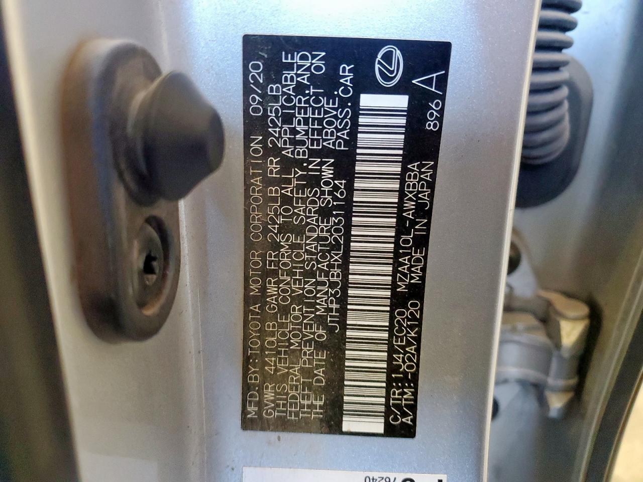 2020 Lexus Ux 200 VIN: JTHP3JBHXL2031164 Lot: 91336515