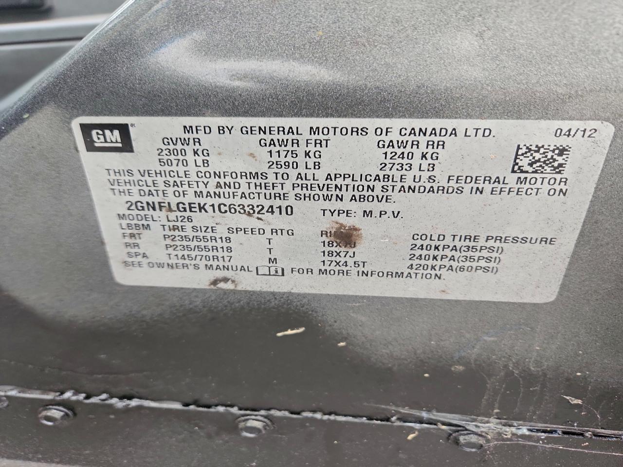 2012 Chevrolet Equinox Ltz VIN: 2GNFLGEK1C6332410 Lot: 94188515