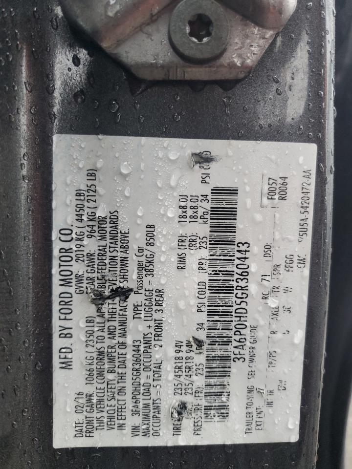 2016 Ford Fusion Se VIN: 3FA6P0HD5GR360443 Lot: 91392825