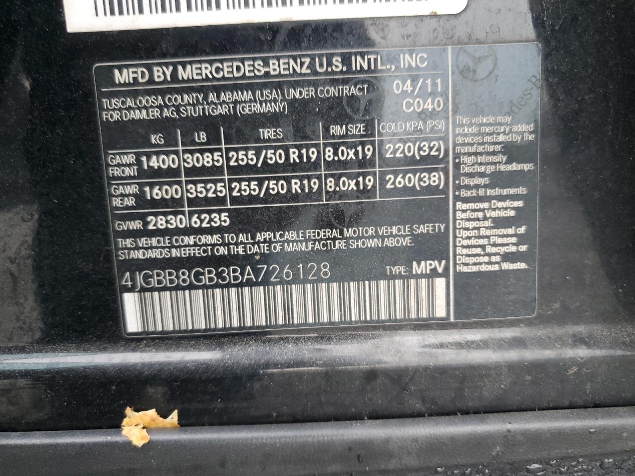 2011 Mercedes-Benz Ml 350 4Matic VIN: 4JGBB8GB3BA726128 Lot: 91377325