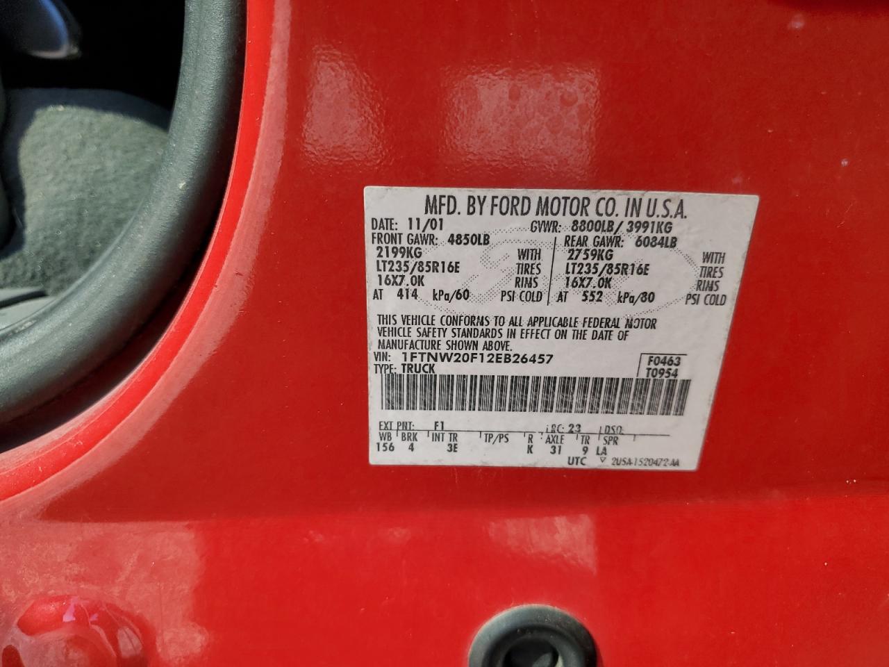 2002 Ford F250 Super Duty VIN: 1FTNW20F12EB26457 Lot: 92933875