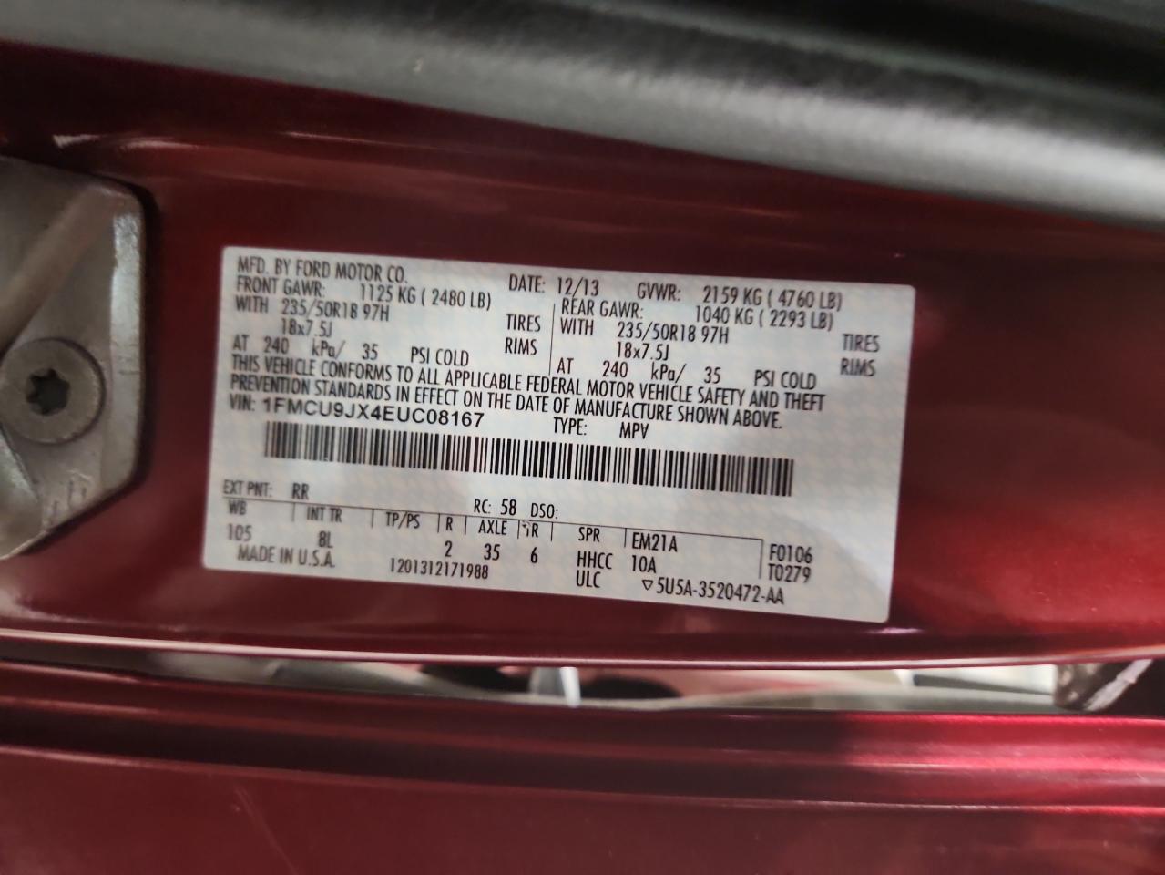 2014 Ford Escape Titanium VIN: 1FMCU9JX4EUC08167 Lot: 93413385