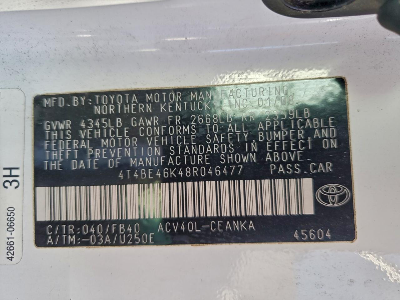 2008 Toyota Camry Ce VIN: 4T4BE46K48R046477 Lot: 94686965