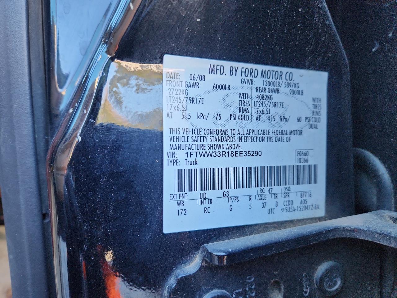 2008 Ford F350 Super Duty VIN: 1FTWW33R18EE35290 Lot: 92053545