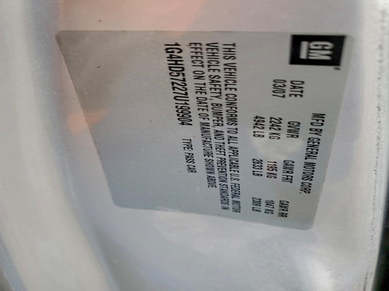 2007 Buick Lucerne Cxl VIN: 1G4HD57227U199904 Lot: 94652665