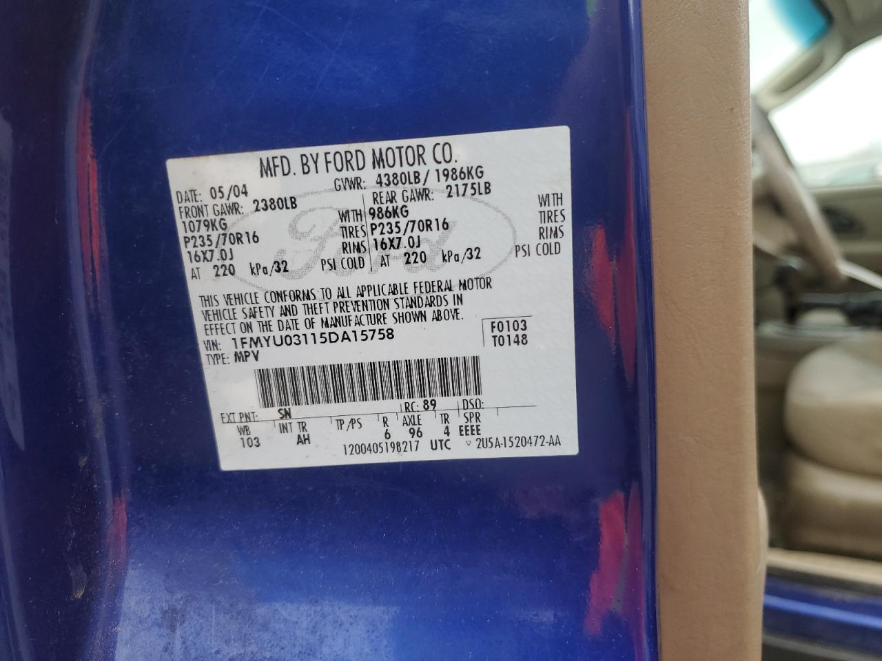 2005 Ford Escape Xlt VIN: 1FMYU03115DA15758 Lot: 93525475