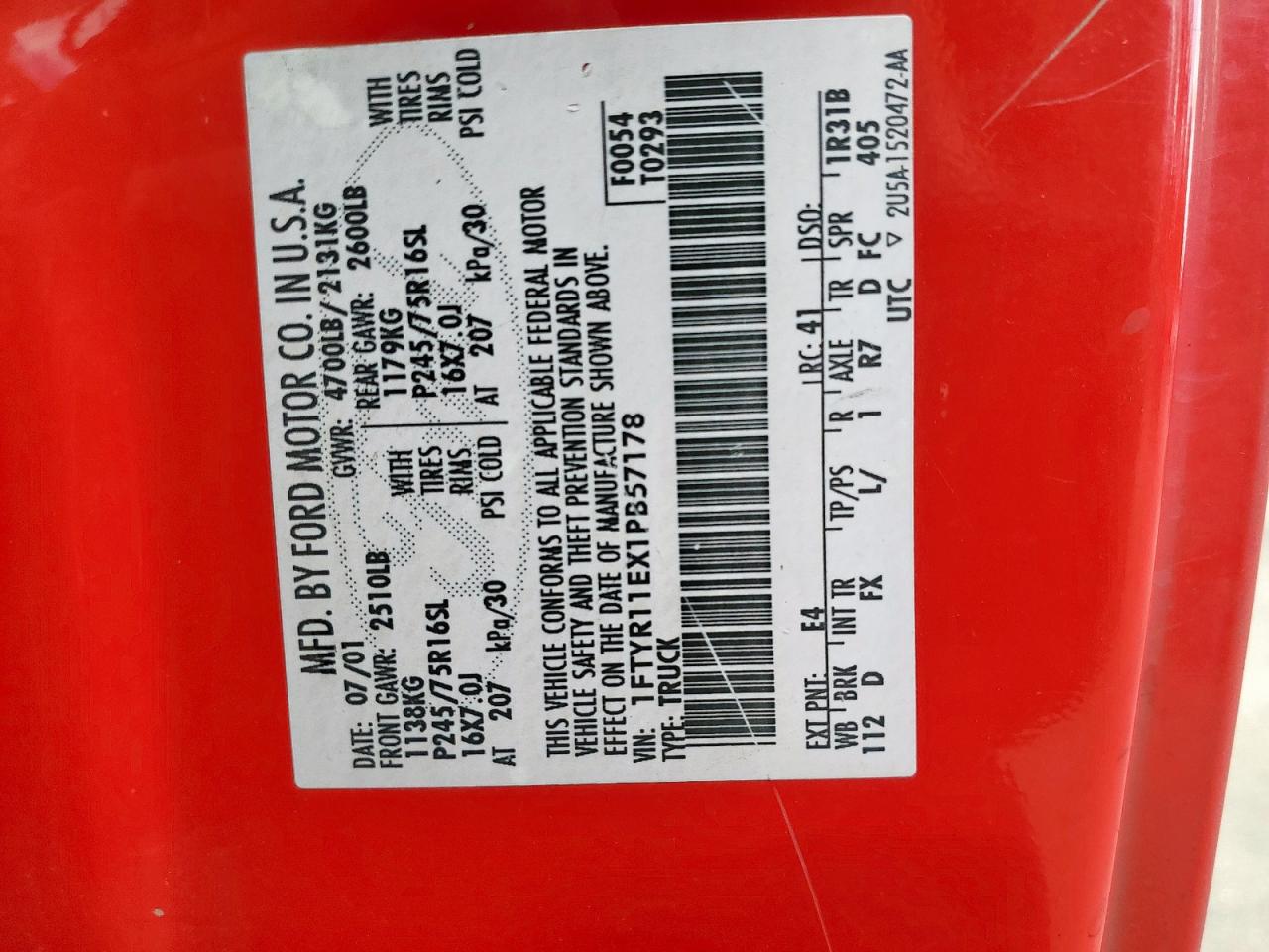 2001 Ford Ranger VIN: 1FTYR11EX1PB57178 Lot: 92910895