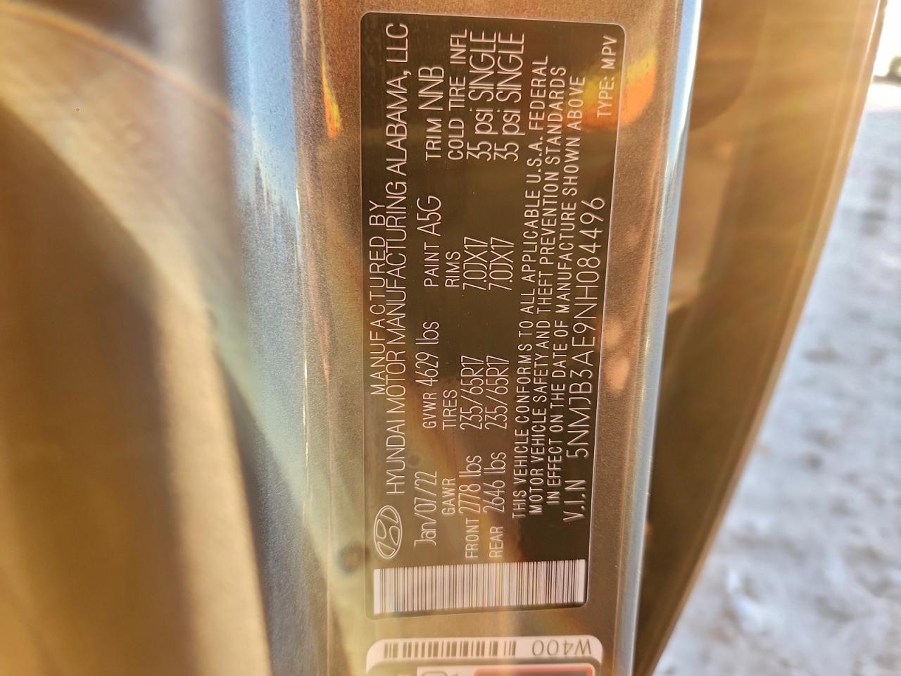 2022 Hyundai Tucson Sel VIN: 5NMJB3AE9NH084496 Lot: 94416095