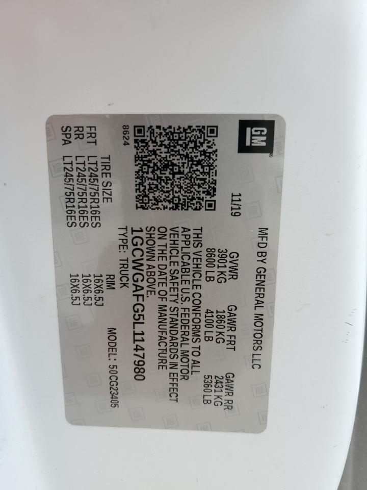 2020 Chevrolet Express G2500 VIN: 1GCWGAFG5L1147980 Lot: 91240585