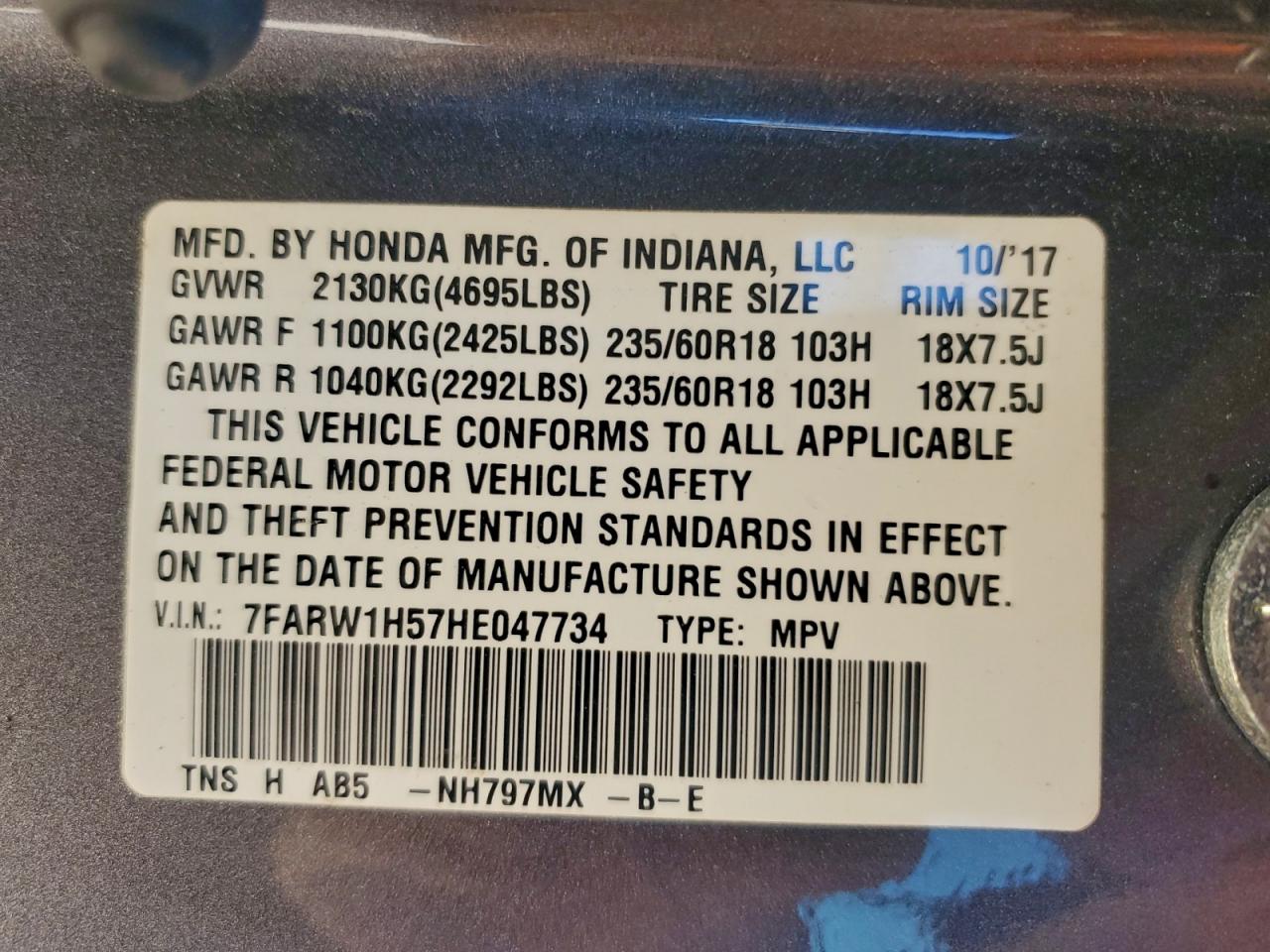 2017 Honda Cr-V Ex VIN: 7FARW1H57HE047734 Lot: 92271595