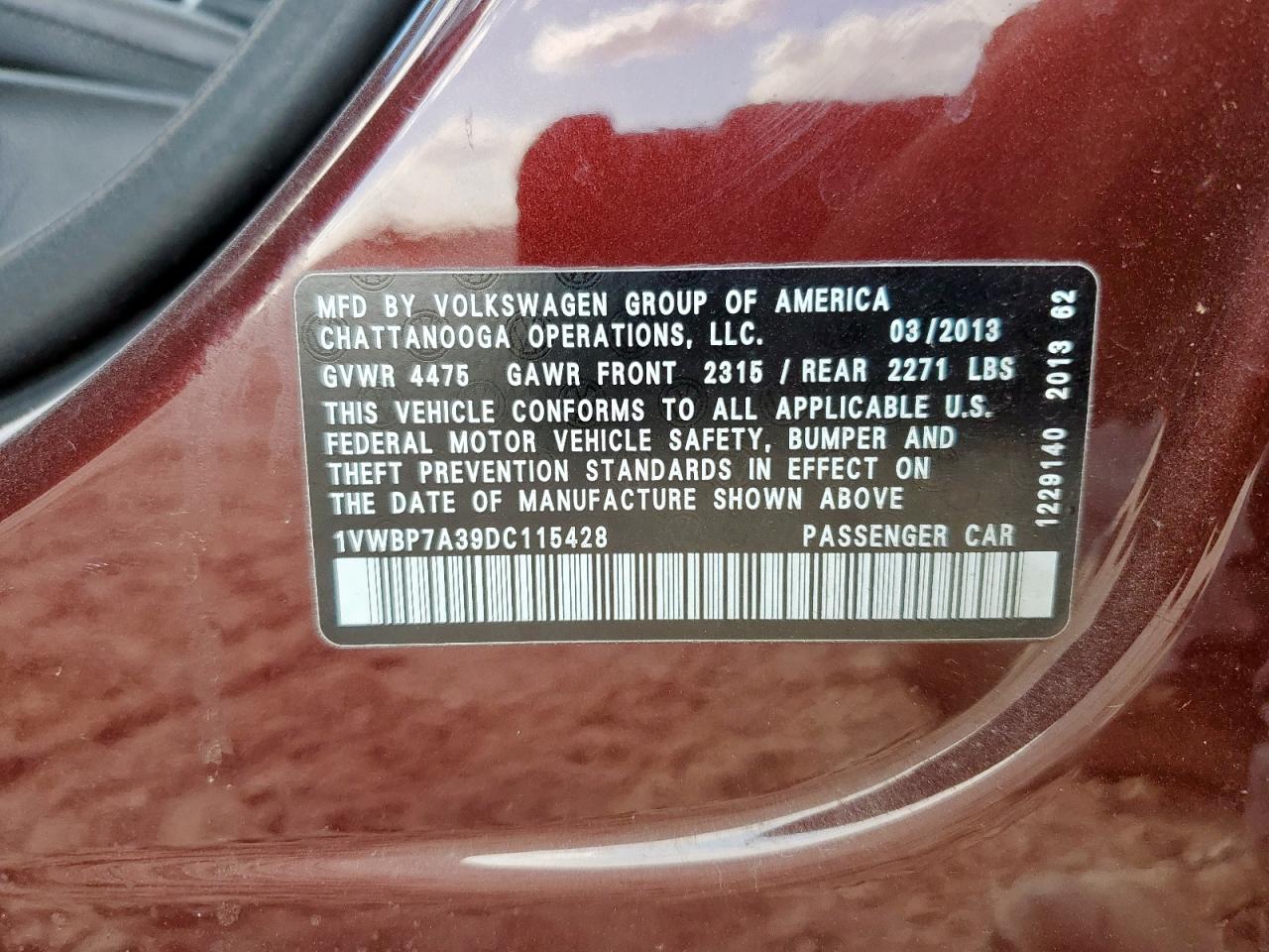 2013 Volkswagen Passat Se VIN: 1VWBP7A39DC115428 Lot: 92806525