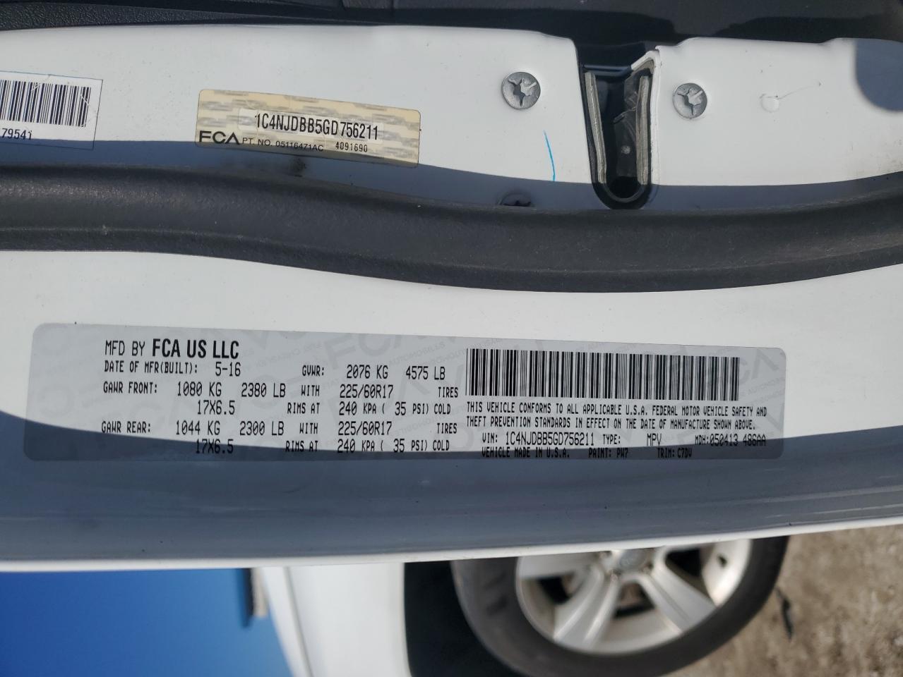 2016 Jeep Compass Sport VIN: 1C4NJDBB5GD756211 Lot: 90377685