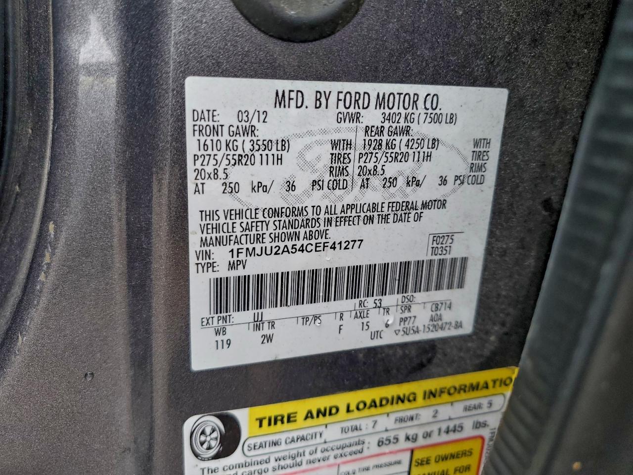 2012 Ford Expedition Limited VIN: 1FMJU2A54CEF41277 Lot: 94321745