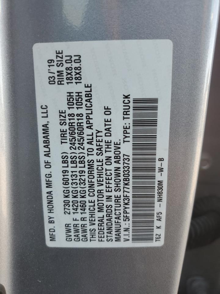 2019 Honda Ridgeline Rtl VIN: 5FPYK3F77KB033737 Lot: 90987625