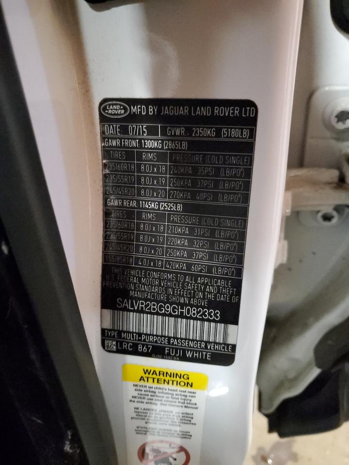 2016 Land Rover Range Rover Evoque Hse VIN: SALVR2BG9GH082333 Lot: 93134605