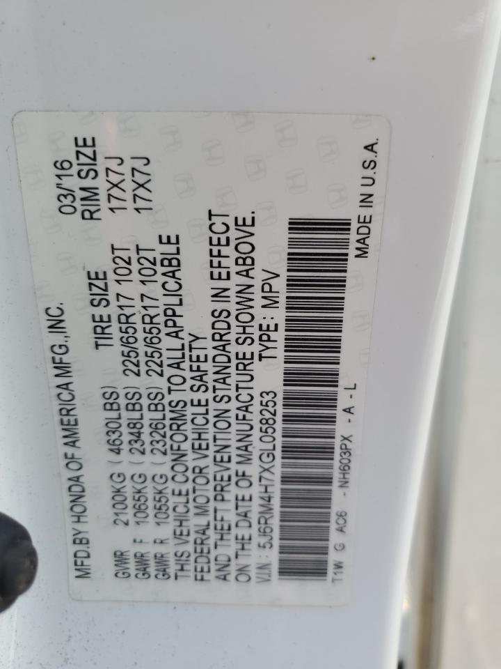 2016 Honda Cr-V Exl VIN: 5J6RM4H7XGL058253 Lot: 92178745