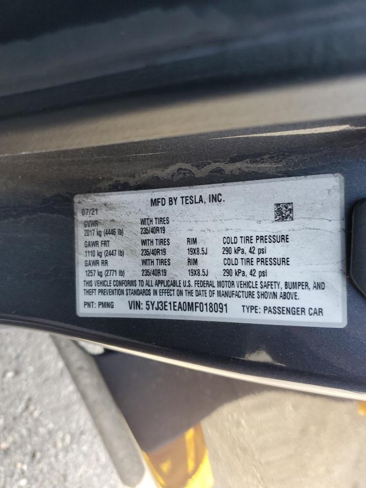 2021 Tesla Model 3 VIN: 5YJ3E1EA0MF018091 Lot: 92719545