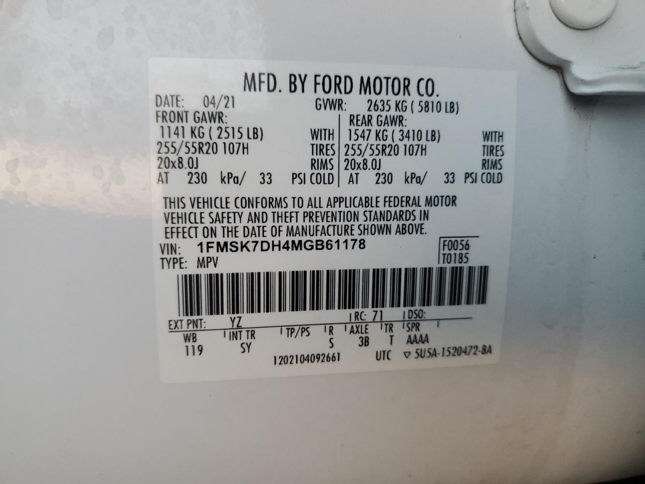 2021 Ford Explorer Xlt VIN: 1FMSK7DH4MGB61178 Lot: 92932925