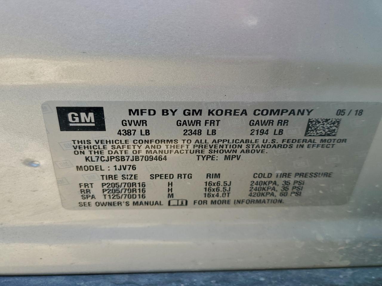 2018 Chevrolet Trax 1Lt VIN: KL7CJPSB7JB709464 Lot: 93614005