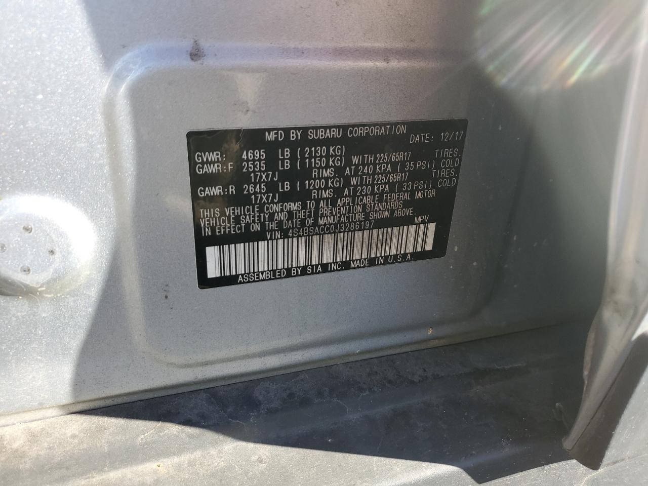 2018 Subaru Outback 2.5I Premium VIN: 4S4BSACC0J3286197 Lot: 93071525