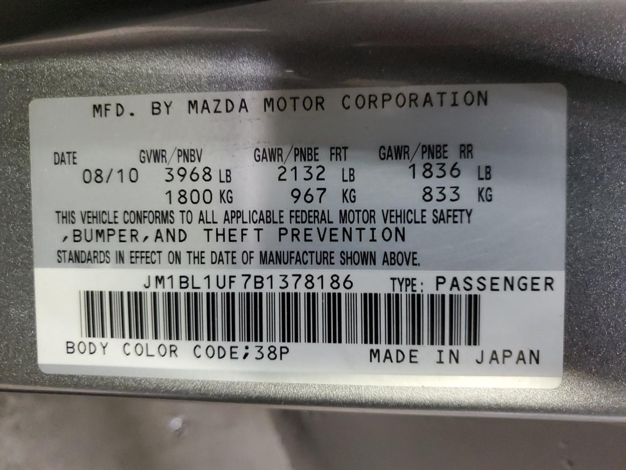 2011 Mazda 3 I VIN: JM1BL1UF7B1378186 Lot: 93247155