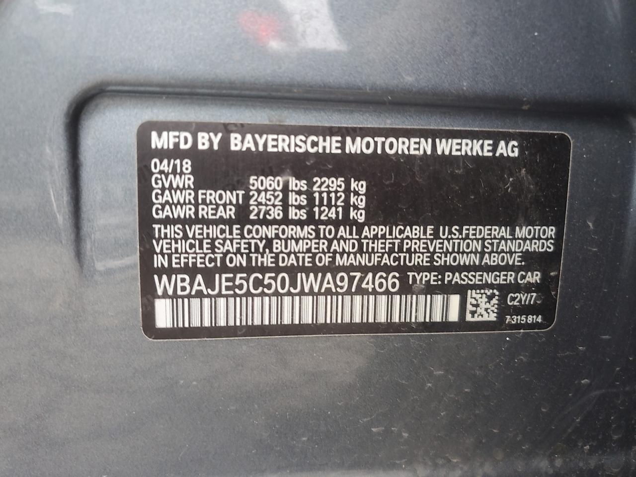 2018 BMW 540 I VIN: WBAJE5C50JWA97466 Lot: 91938645